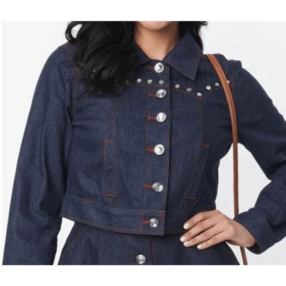 Unique Vintage Dark Denim Western Rhinestone Jean Jacket M 6 8 NWOT